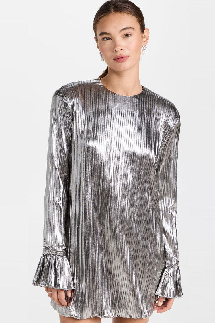 Silver Round Neck Long Sleeve Metallic Plisse Pleated Shift Mini Dress