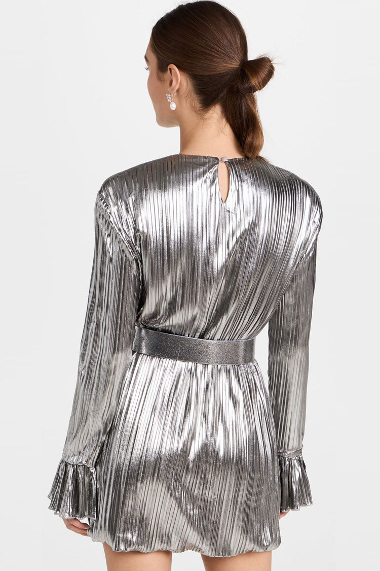 Silver Round Neck Long Sleeve Metallic Plisse Pleated Shift Mini Dress