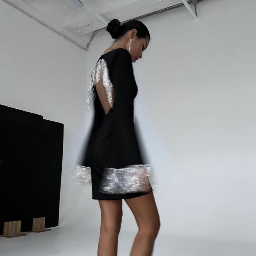 Black Long Sleeve Rhinestone Fringe Backless Bodycon Mini Dress 3