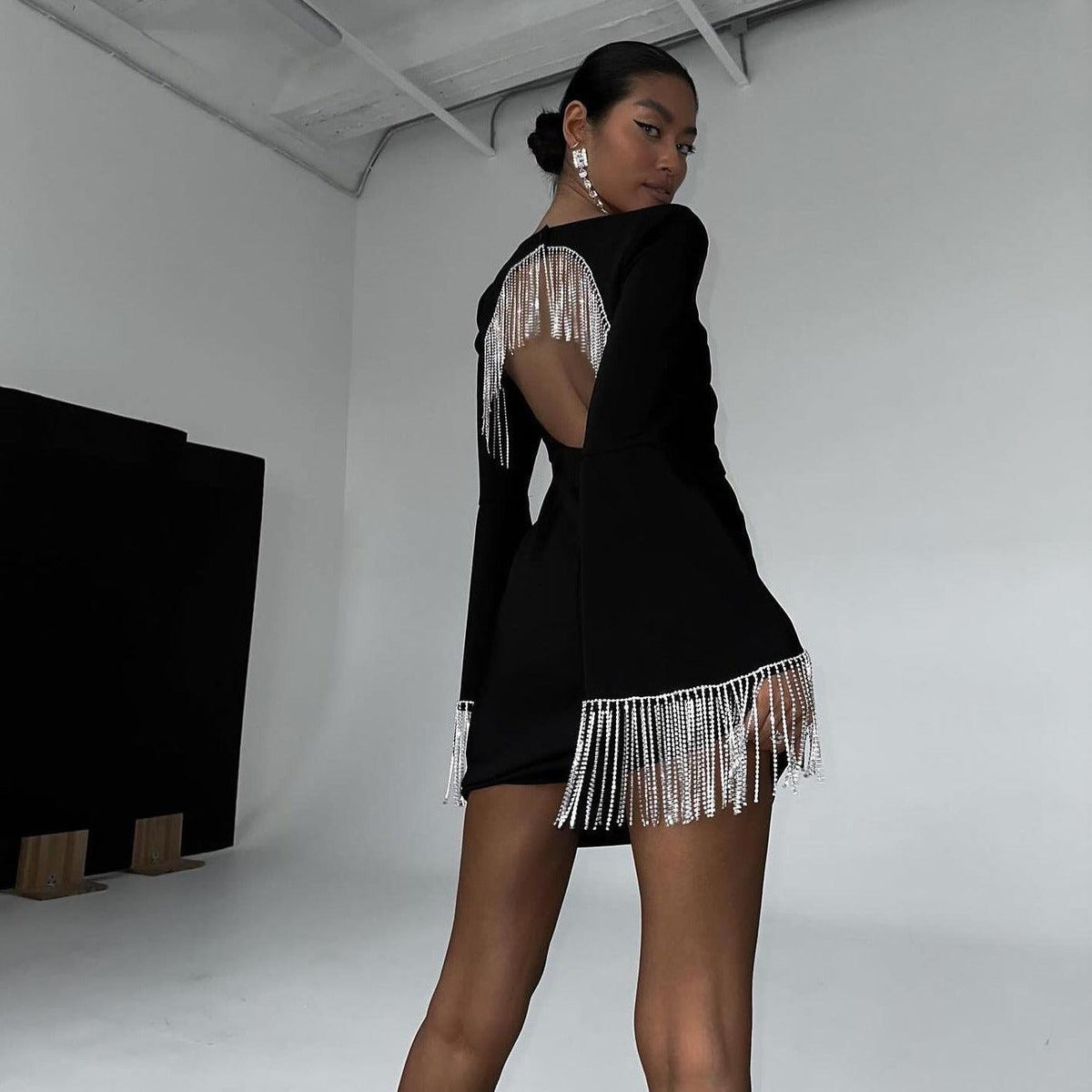 Black Long Sleeve Rhinestone Fringe Backless Bodycon Mini Dress 5