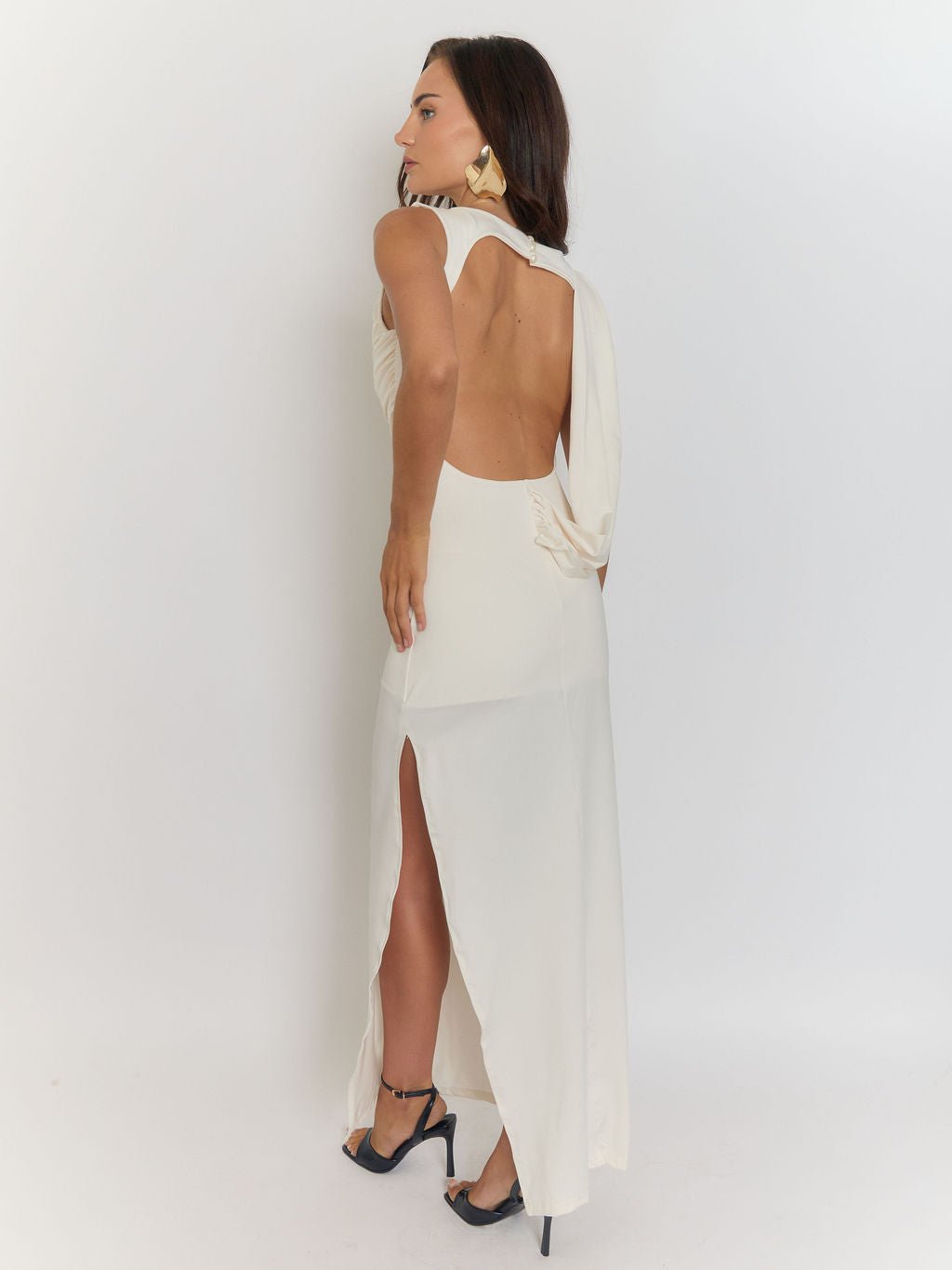 White Sleeveless Ruched Cowl Neck High Split Wrap Drape Bodycon Maxi Dress 2