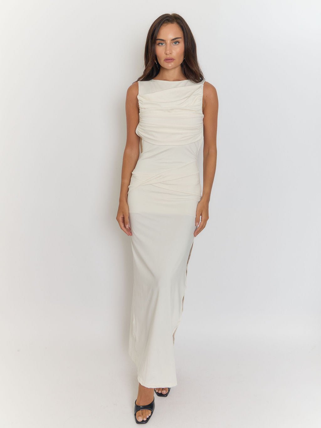 White Sleeveless Ruched Cowl Neck High Split Wrap Drape Bodycon Maxi Dress 4