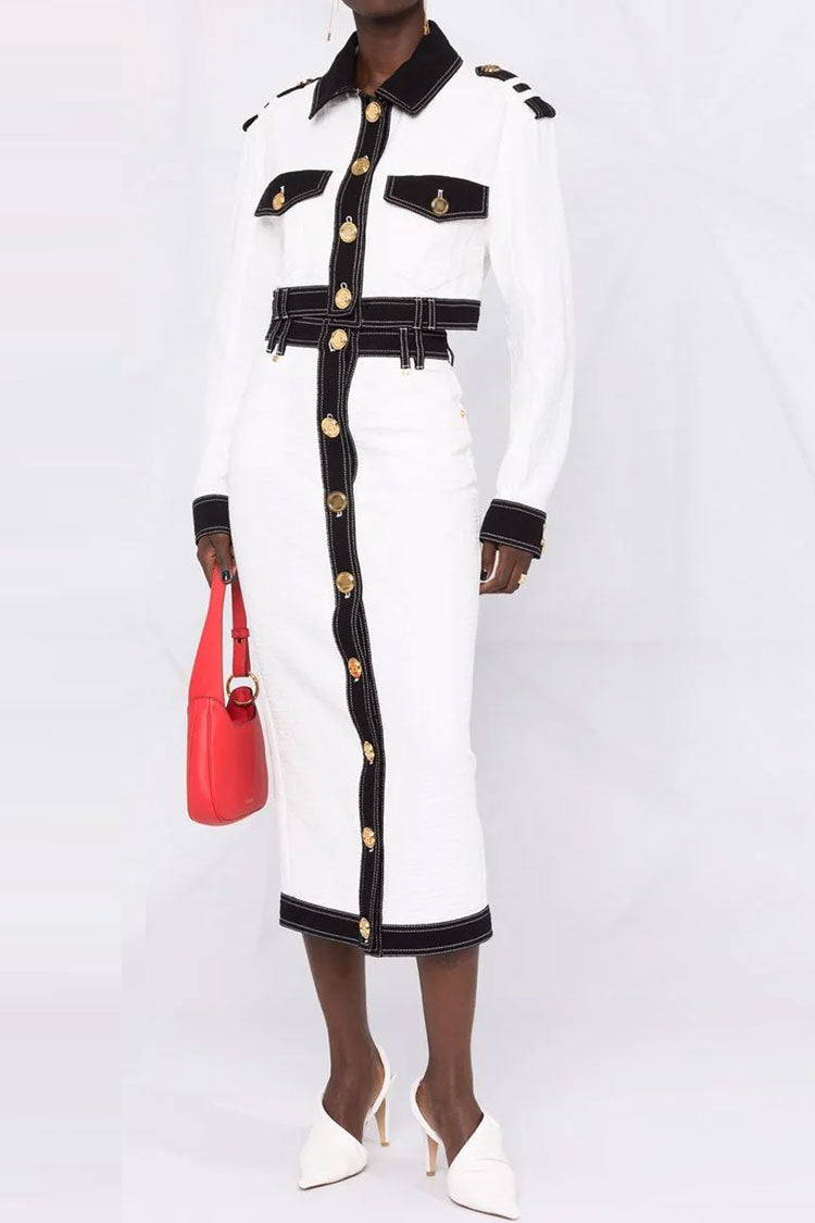 White Collared Contrast Trim Gold Button Jacket Midi Skirt Set