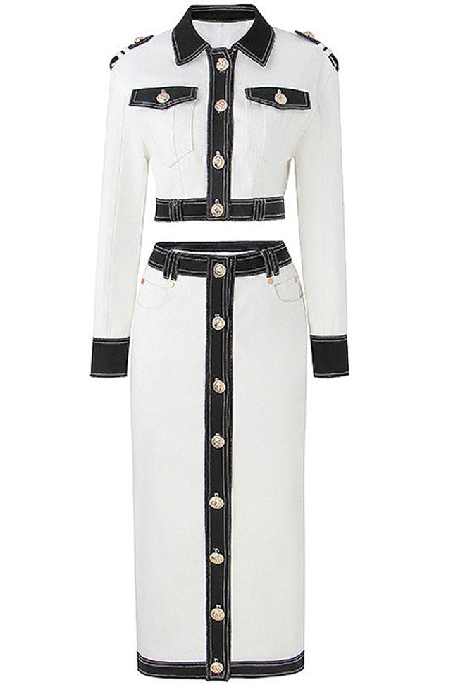 White Collared Contrast Trim Gold Button Jacket Midi Skirt Set