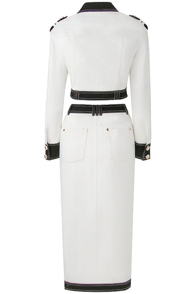 White Collared Contrast Trim Gold Button Jacket Midi Skirt Set