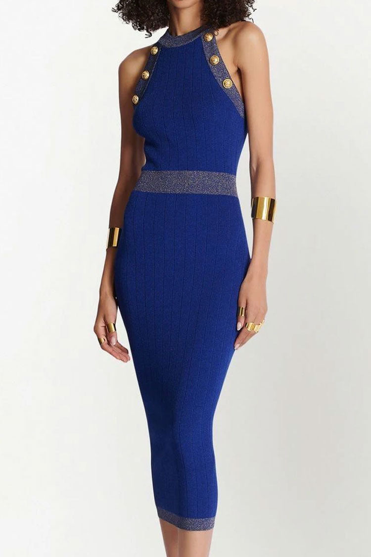 Royal Blue High Neck Gold Button Trim Sleeveless Ribbed Knit Bodycon Midi Dress