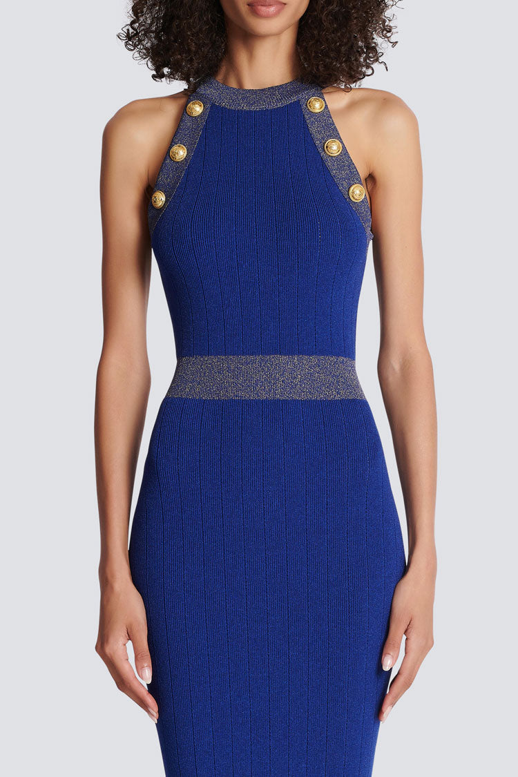 Royal Blue High Neck Gold Button Trim Sleeveless Ribbed Knit Bodycon Midi Dress
