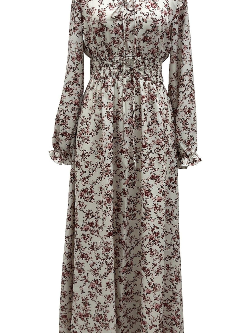 Multi Floral Print Ruffle Collar V-Neck Long Sleeve Smocked Waist A-Line Maxi Dress 4