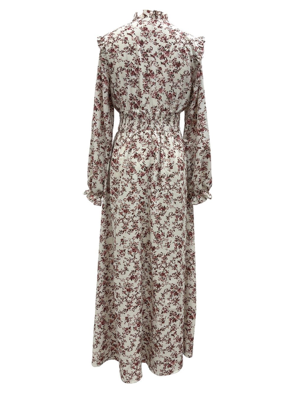 Multi Floral Print Ruffle Collar V-Neck Long Sleeve Smocked Waist A-Line Maxi Dress 2