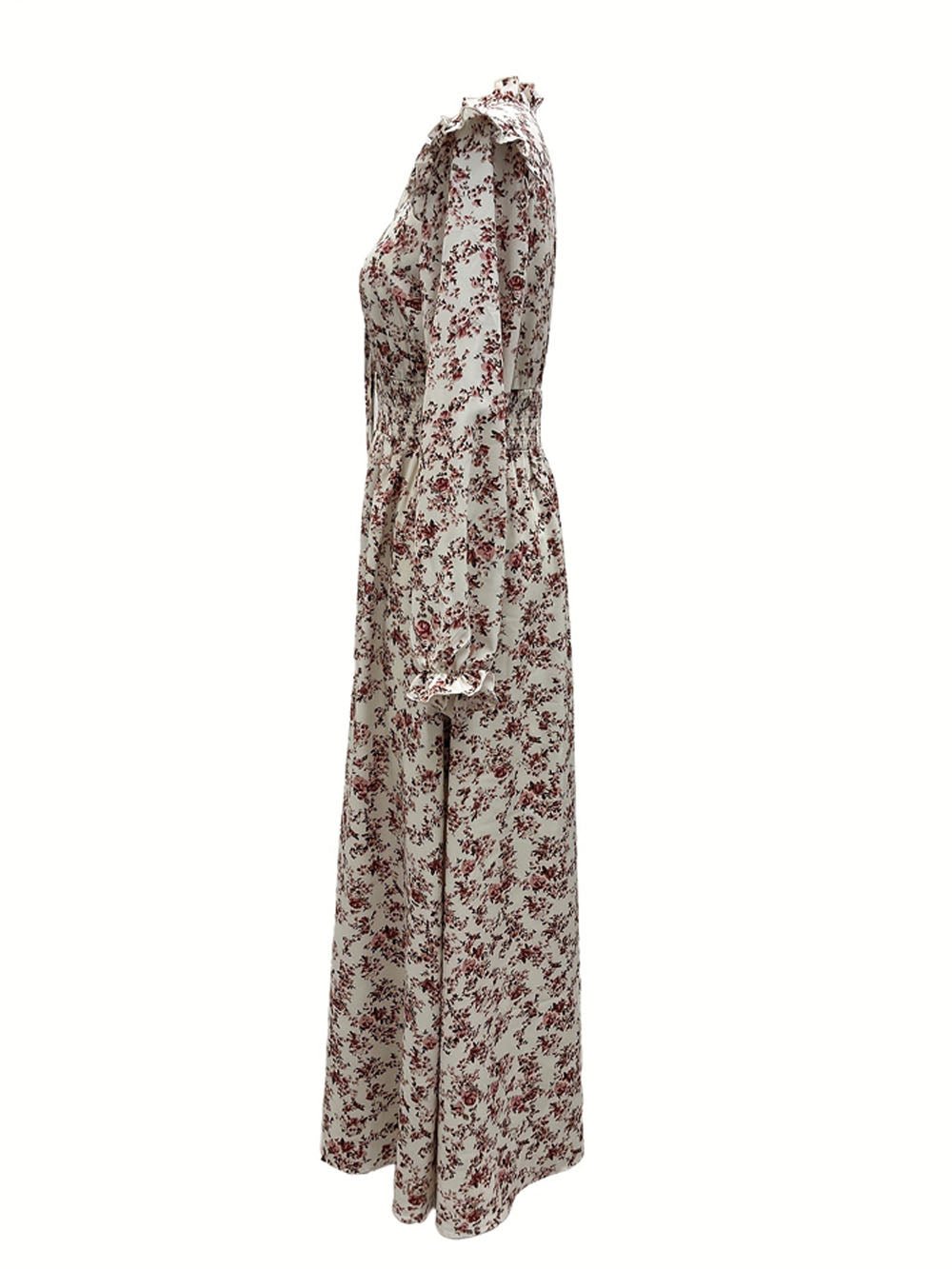 Multi Floral Print Ruffle Collar V-Neck Long Sleeve Smocked Waist A-Line Maxi Dress 3