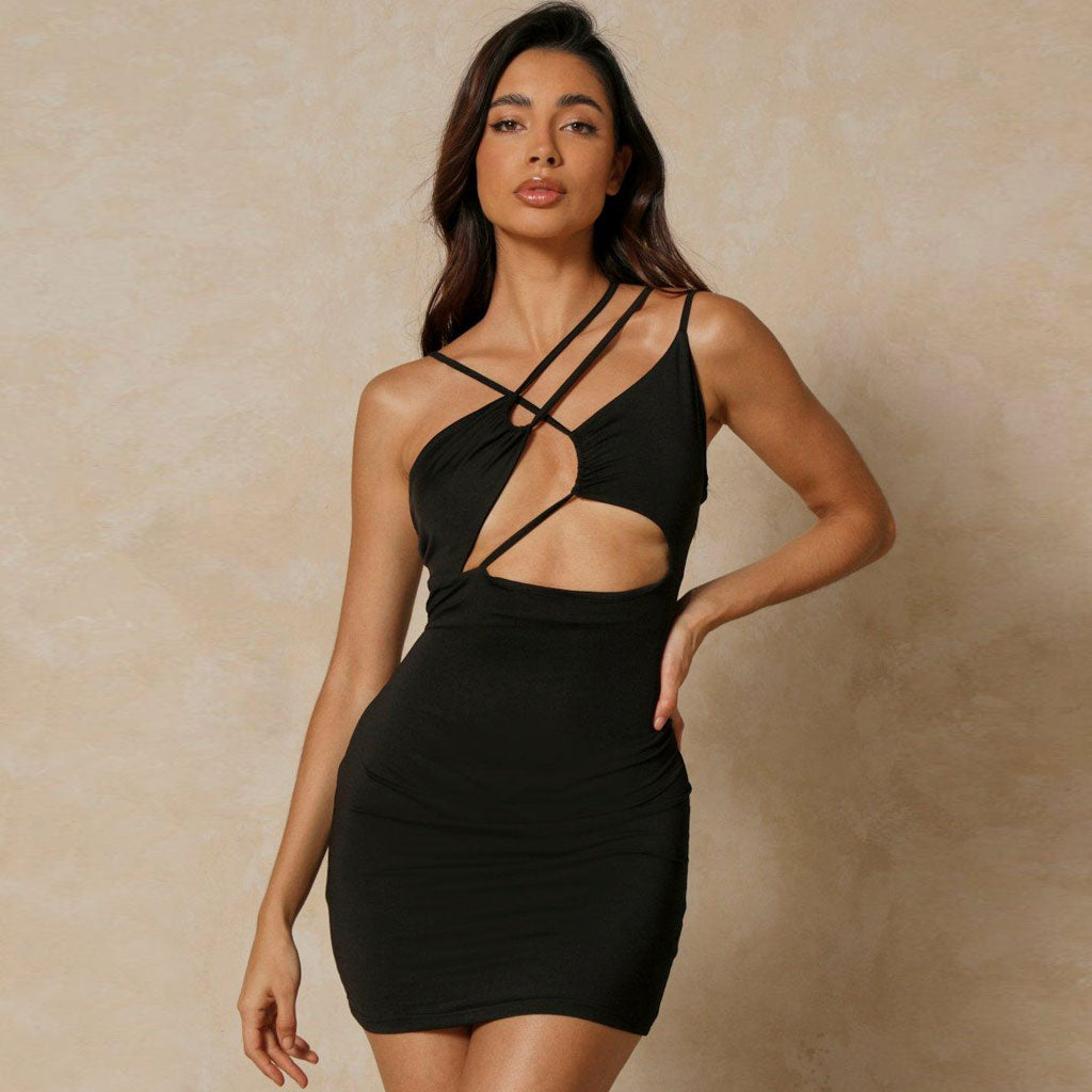 Black Halter Strap Cut Out Off-Shoulder Long Sleeve Bodycon Mini Dress