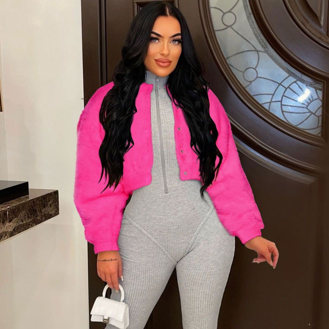 Hot Pink Open Front Drop Shoulder Long Sleeve Cropped Faux Fur Coat