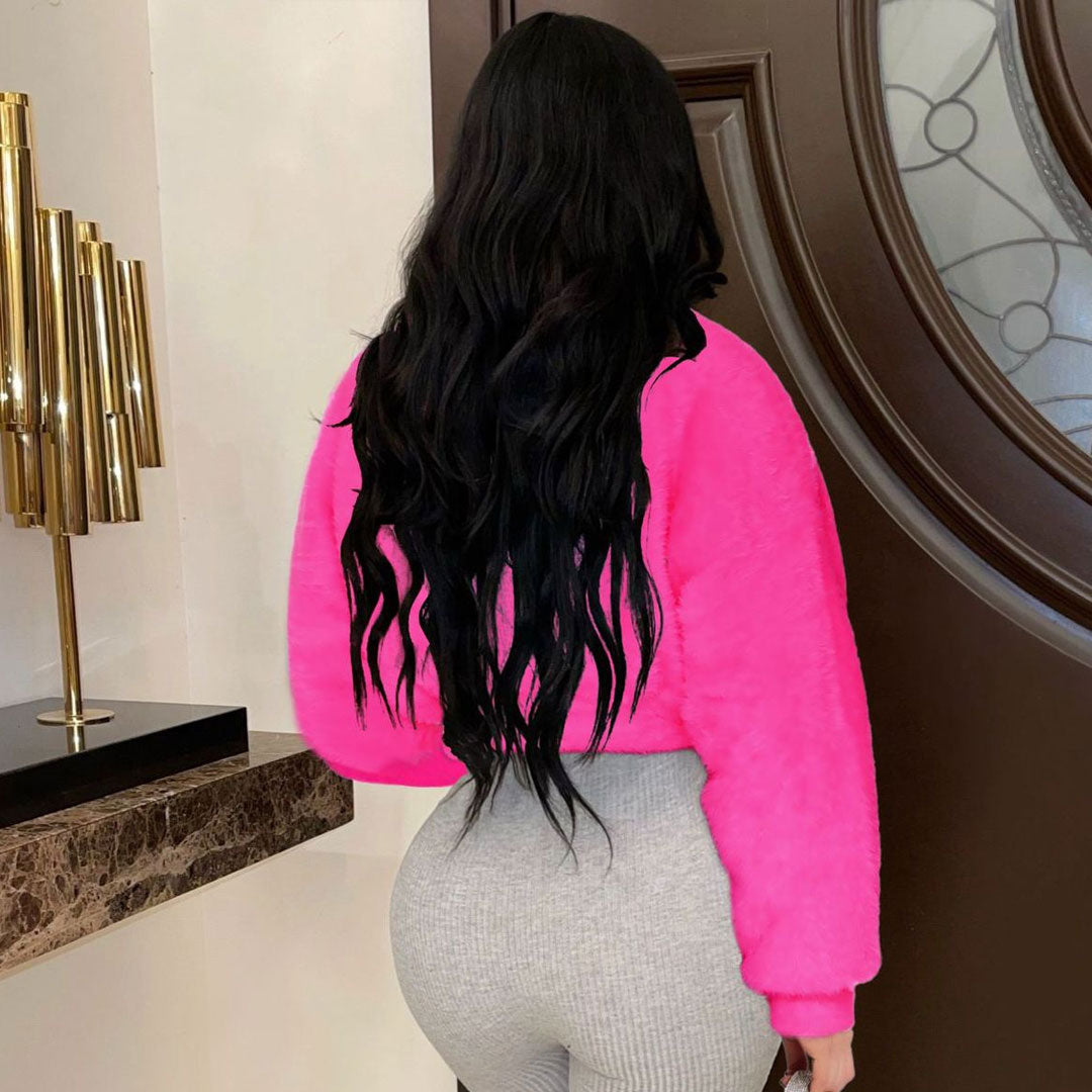Hot Pink Open Front Drop Shoulder Long Sleeve Cropped Faux Fur Coat