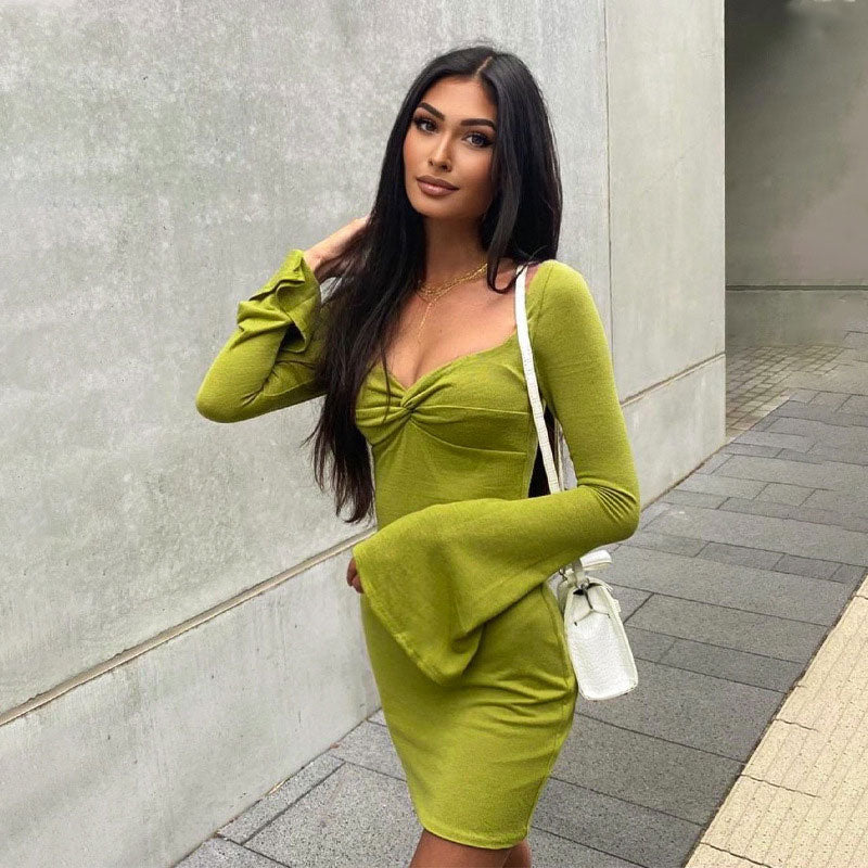 Green Sweetheart Twist Front Flared Long Sleeve Bodycon Mini Dress