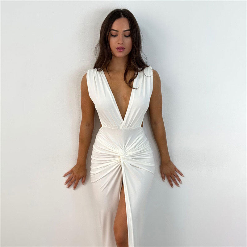 White Deep V-Neck Sleeveless Twist Front High Slit Maxi Dress