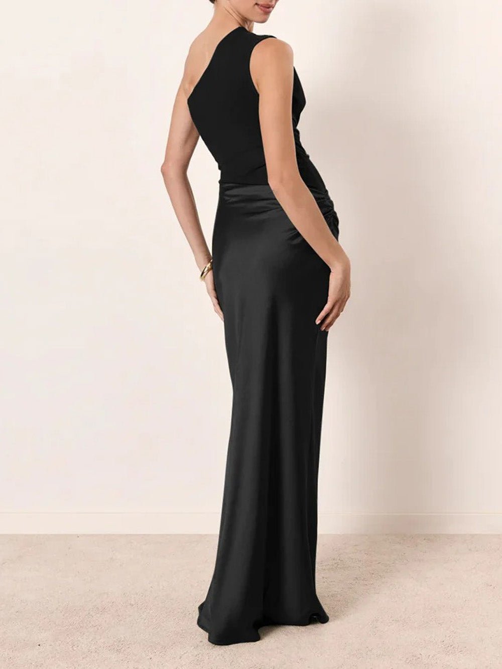 Black Satin One Shoulder Matte Panel Hip Drape Column Maxi Gown 2