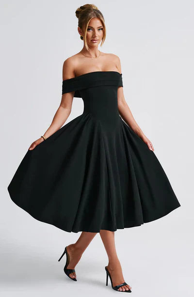 Mila Off Shoulder Pleated Midi Dress