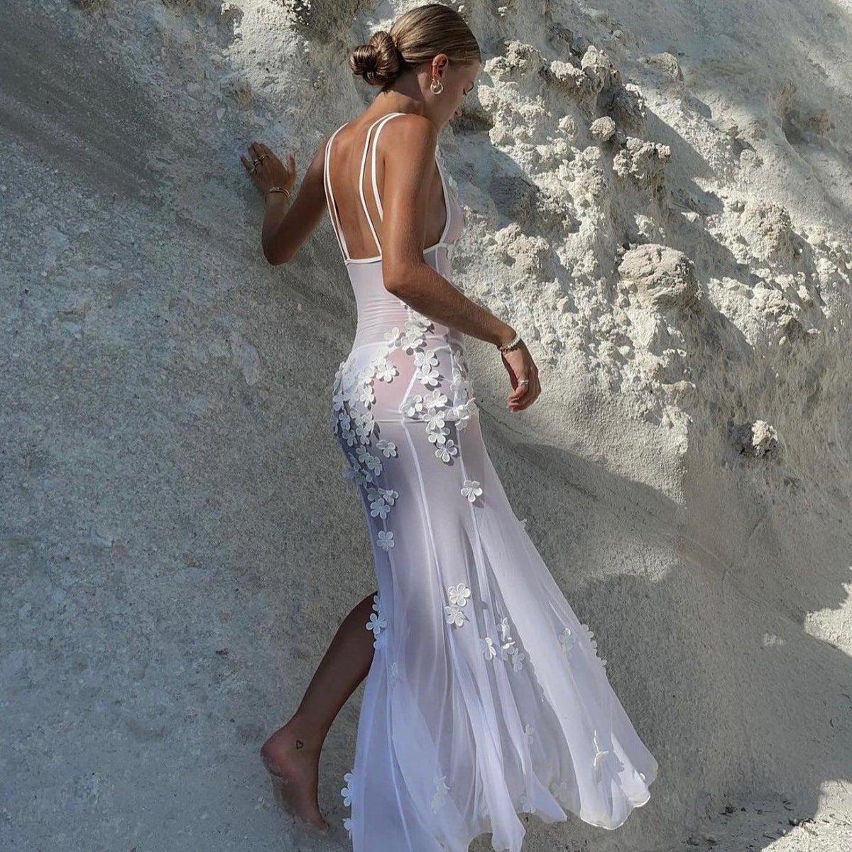 White Strappy Sheer Mesh Floral Applique Bodycon Maxi Dress