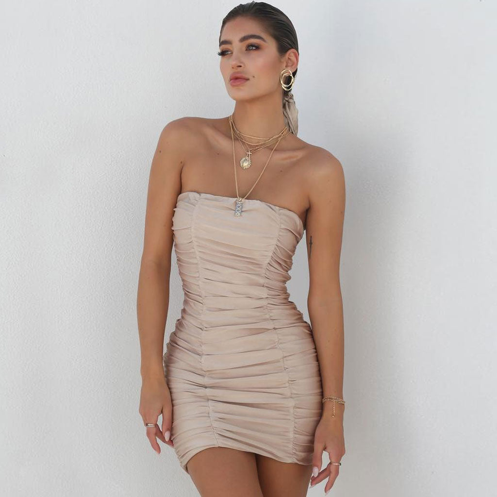 Khaki Strapless Ruched Bodycon Party Mini Dress