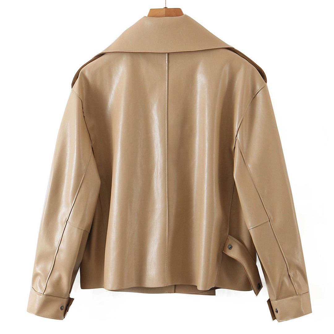 Khaki Collared Double Breasted Long Sleeve Cropped Trench Coat