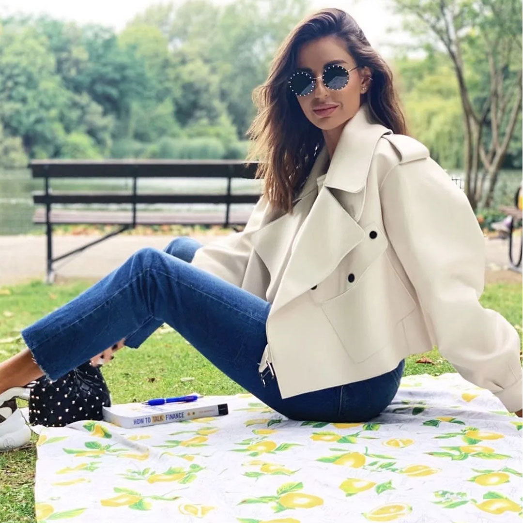 White Collared Double Breasted Long Sleeve Cropped Trench Coat
