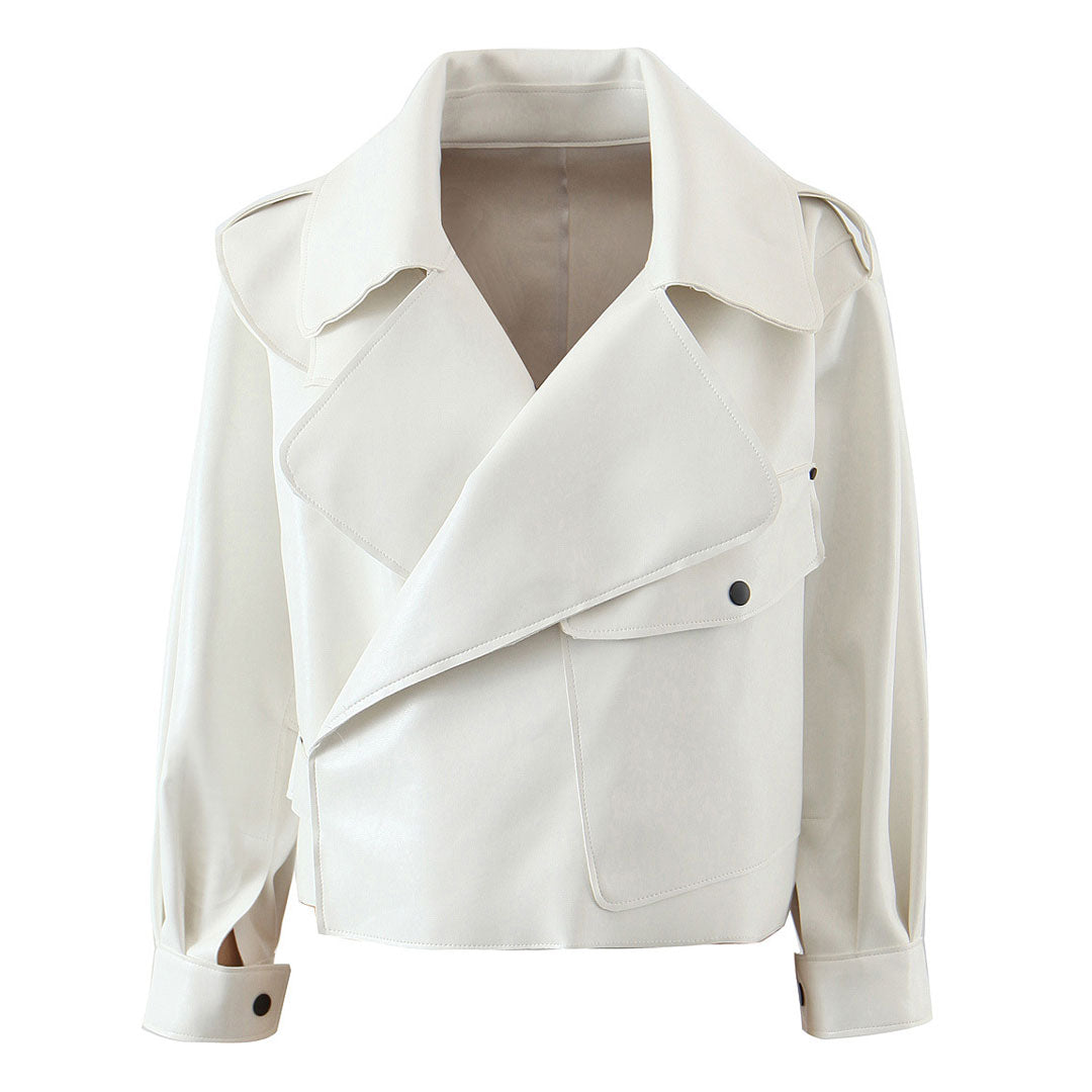 White Collared Double Breasted Long Sleeve Cropped Trench Coat 2