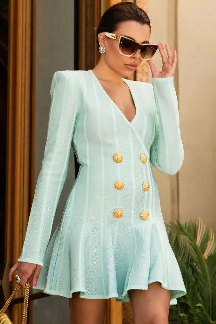 Lake Green V-Neck Shoulder Pad Gold Button Long Sleeve Flared Bandage Mini Dress