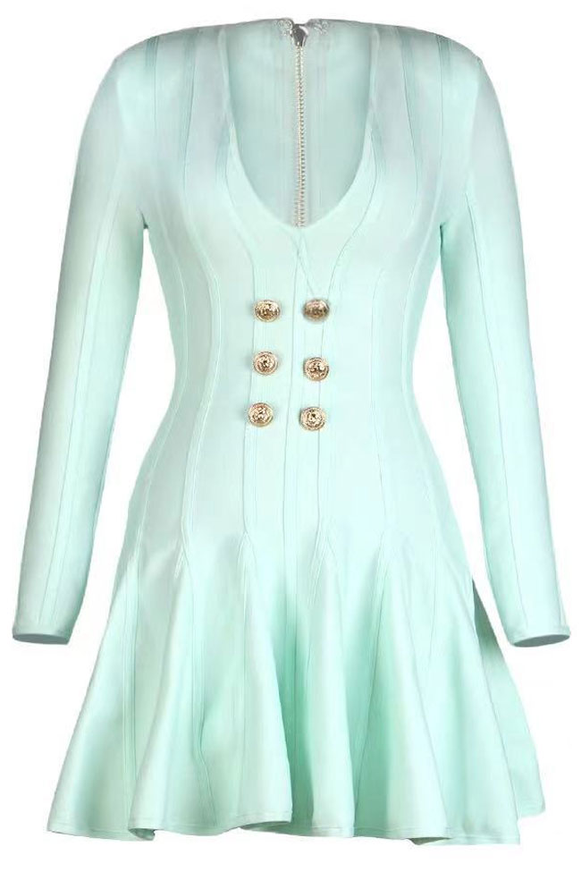 Lake Green V-Neck Shoulder Pad Gold Button Long Sleeve Flared Bandage Mini Dress