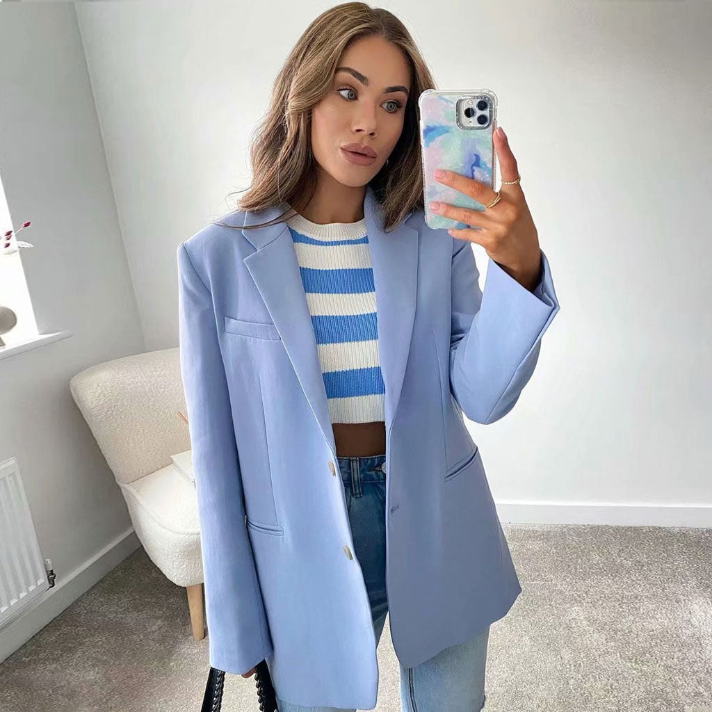 Baby Blue Notch Lapel Long Sleeve Single Breasted Oversized Blazer