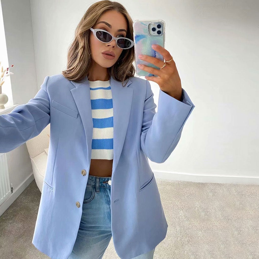 Baby Blue Notch Lapel Long Sleeve Single Breasted Oversized Blazer