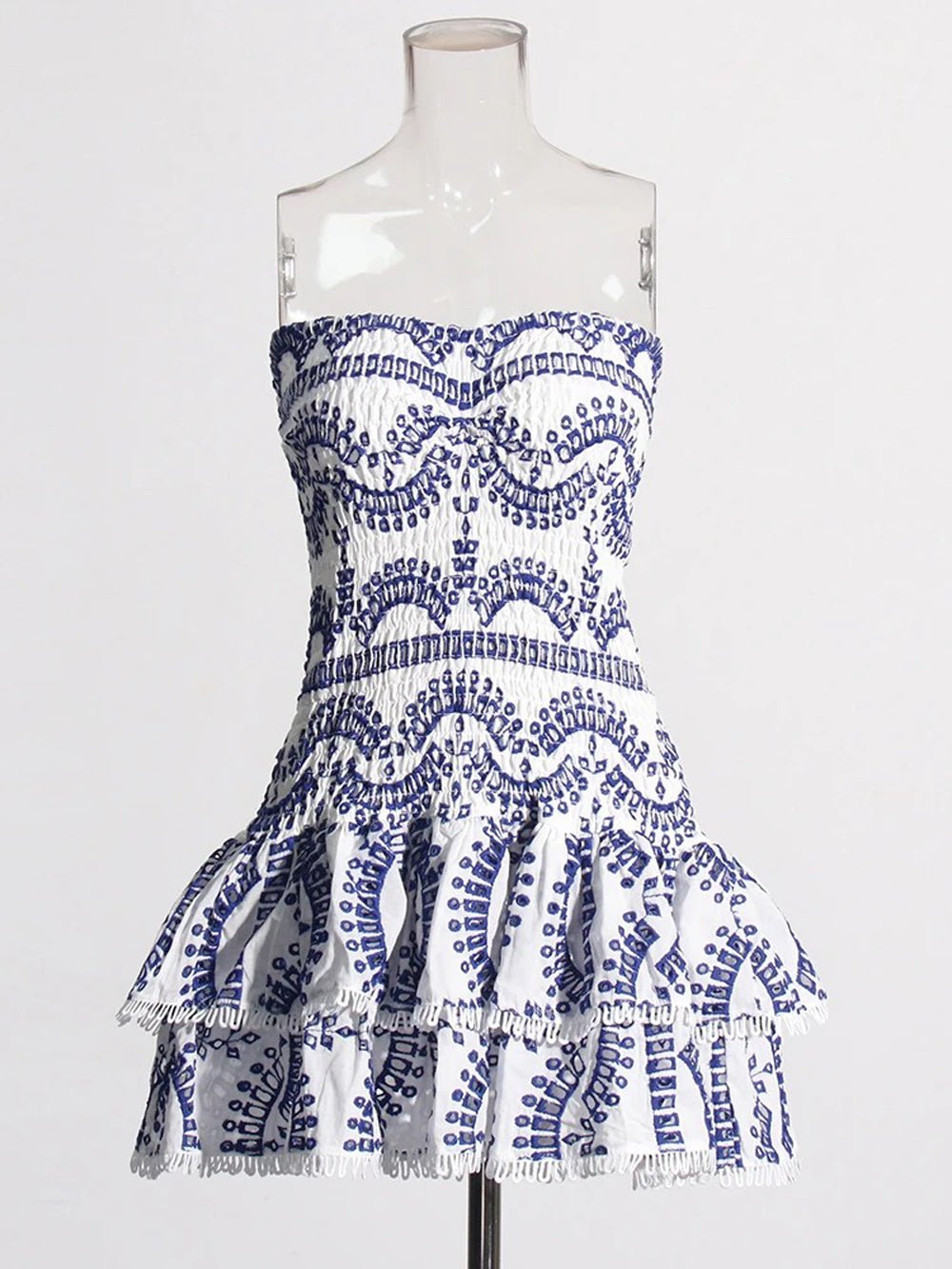 Eyelet Embroidery Smocked Tiered Ruffle Strapless Mini Dress 5
