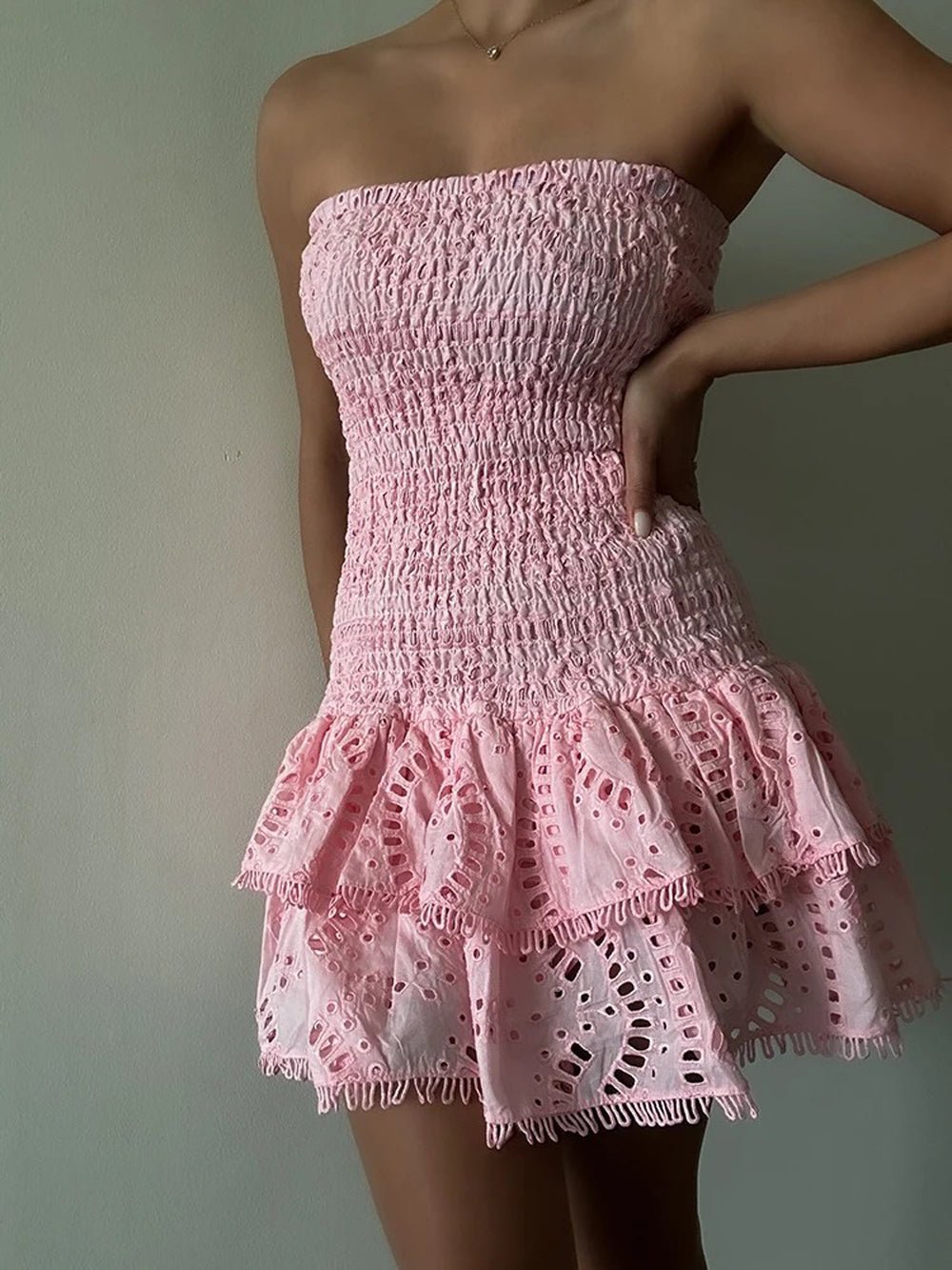 Eyelet Embroidery Smocked Tiered Ruffle Strapless Mini Dress 15