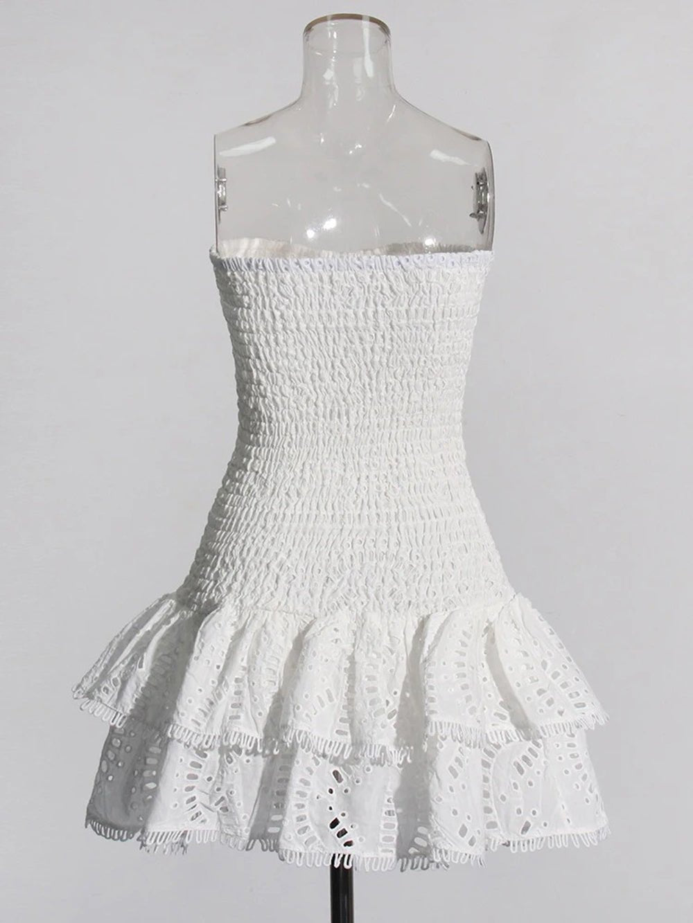 Eyelet Embroidery Smocked Tiered Ruffle Strapless Mini Dress 8