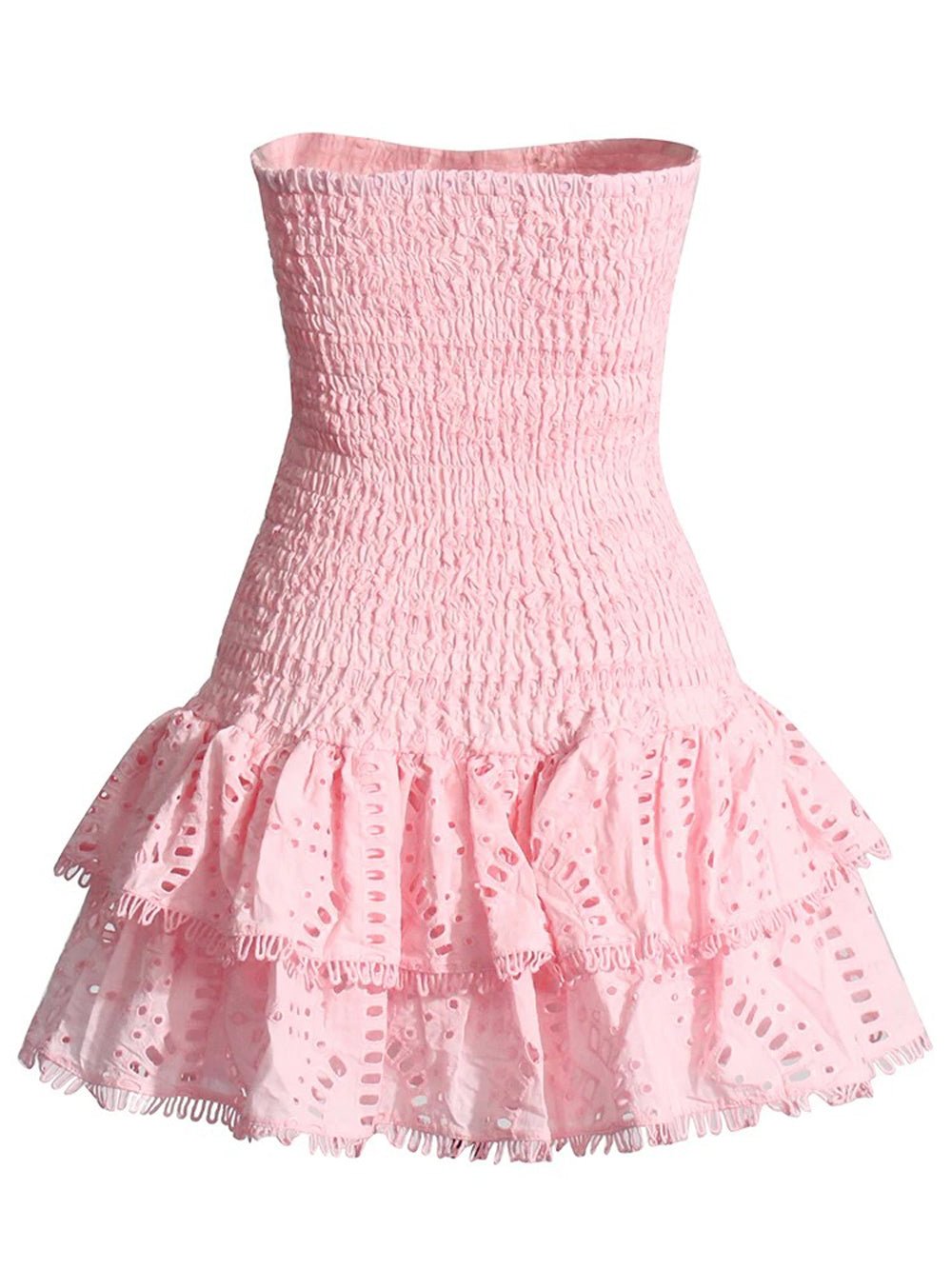 Eyelet Embroidery Smocked Tiered Ruffle Strapless Mini Dress 13