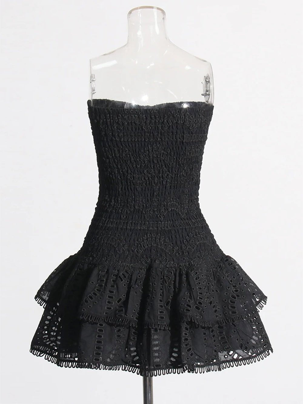 Eyelet Embroidery Smocked Tiered Ruffle Strapless Mini Dress 2