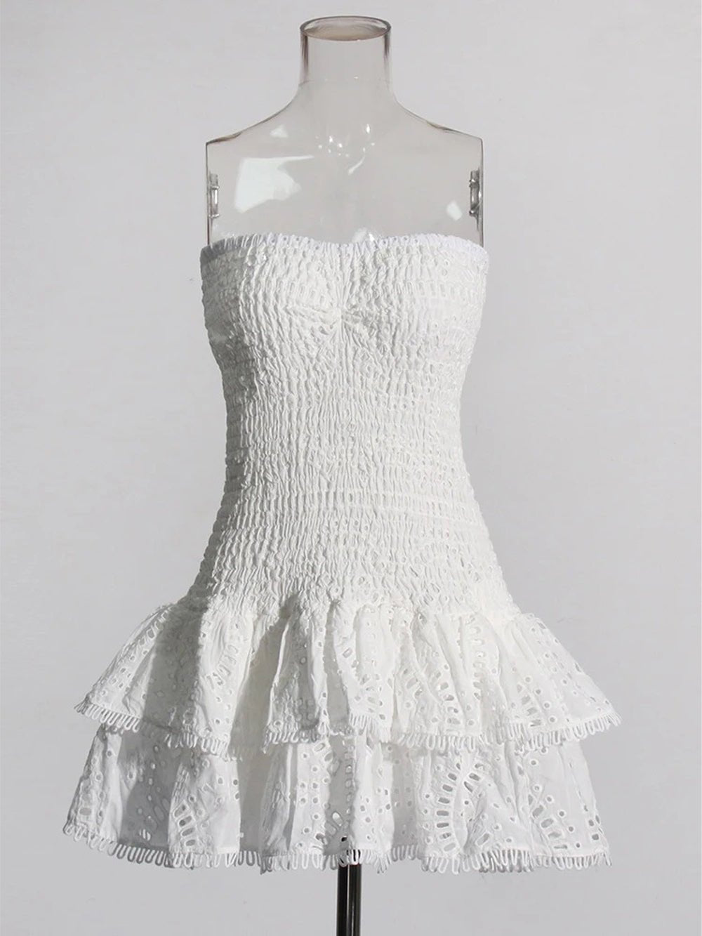 Eyelet Embroidery Smocked Tiered Ruffle Strapless Mini Dress 7