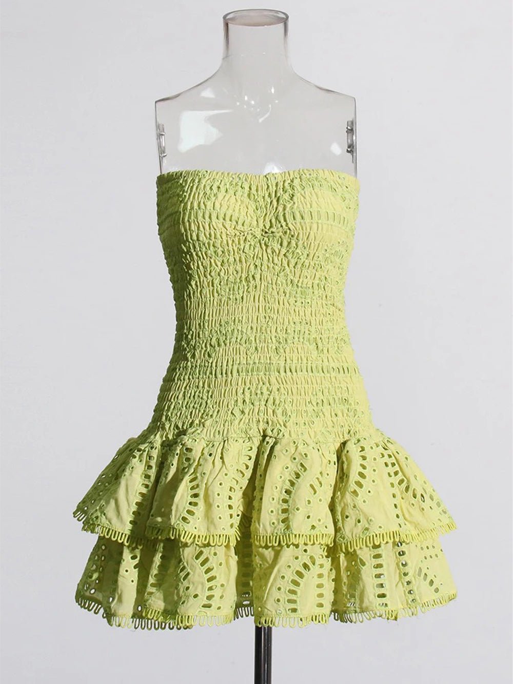 Eyelet Embroidery Smocked Tiered Ruffle Strapless Mini Dress 3