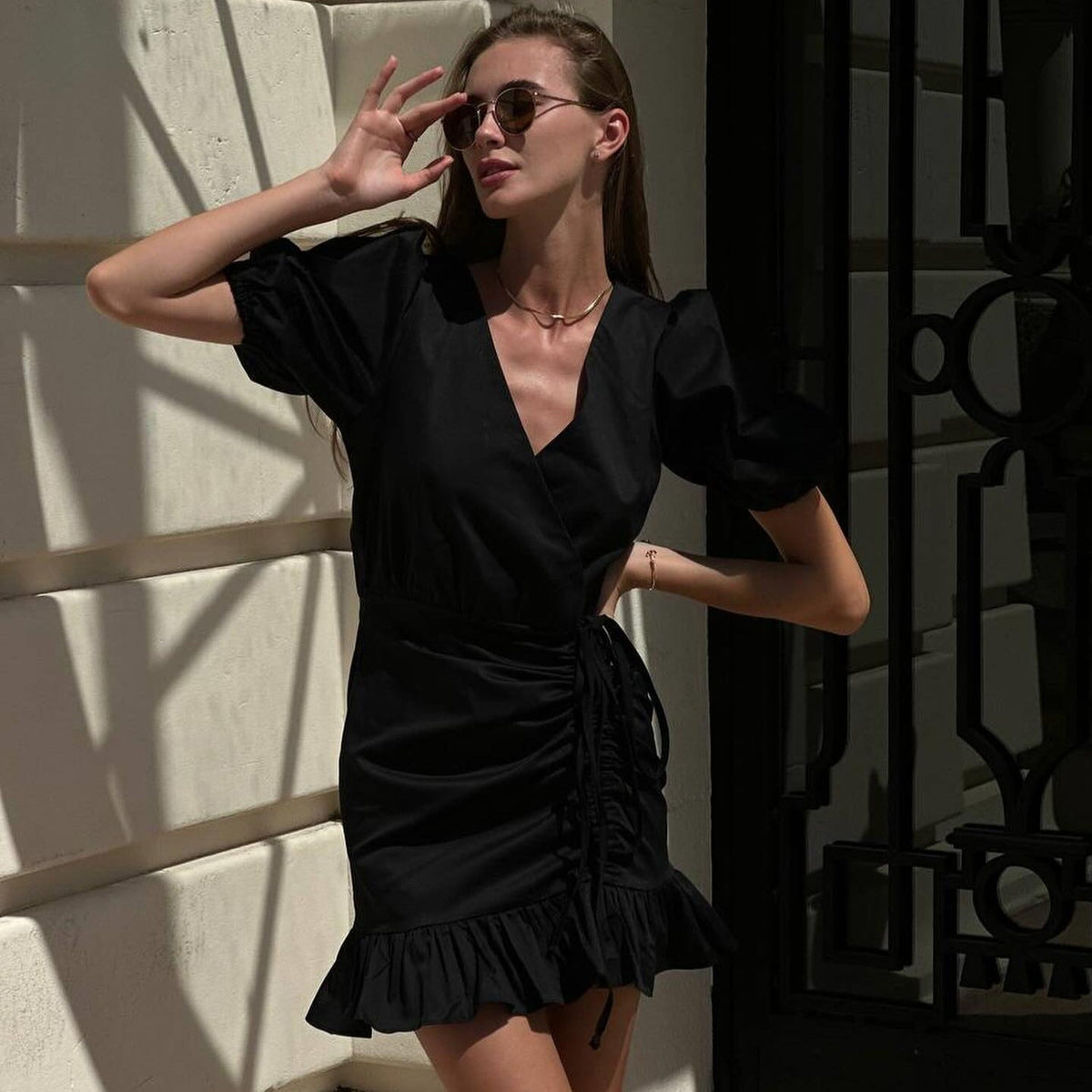 Surplice Neck Puff Sleeve Ruched Drawstring Ruffle Hem Mini Dress 7