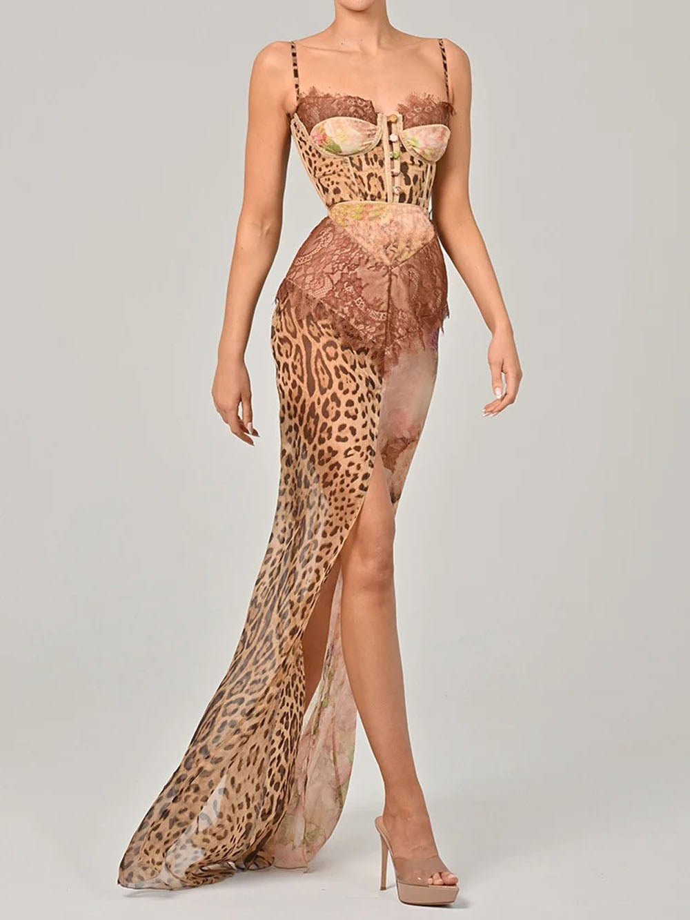 Leopard Baroque Print Lace Trim Corset Bustier High Split Maxi Dress 7