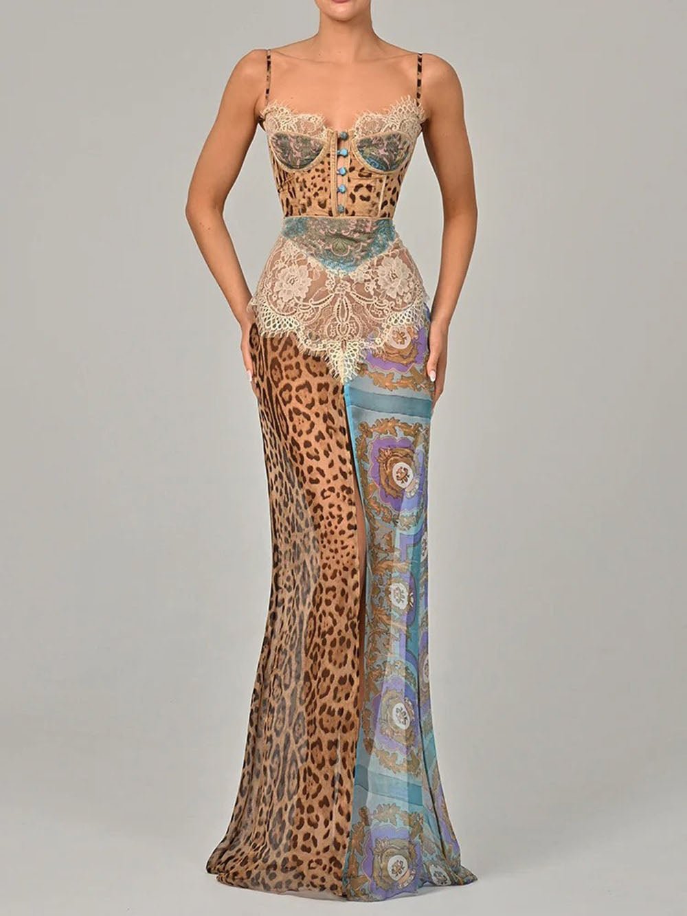 Leopard Baroque Print Lace Trim Corset Bustier High Split Maxi Dress 2