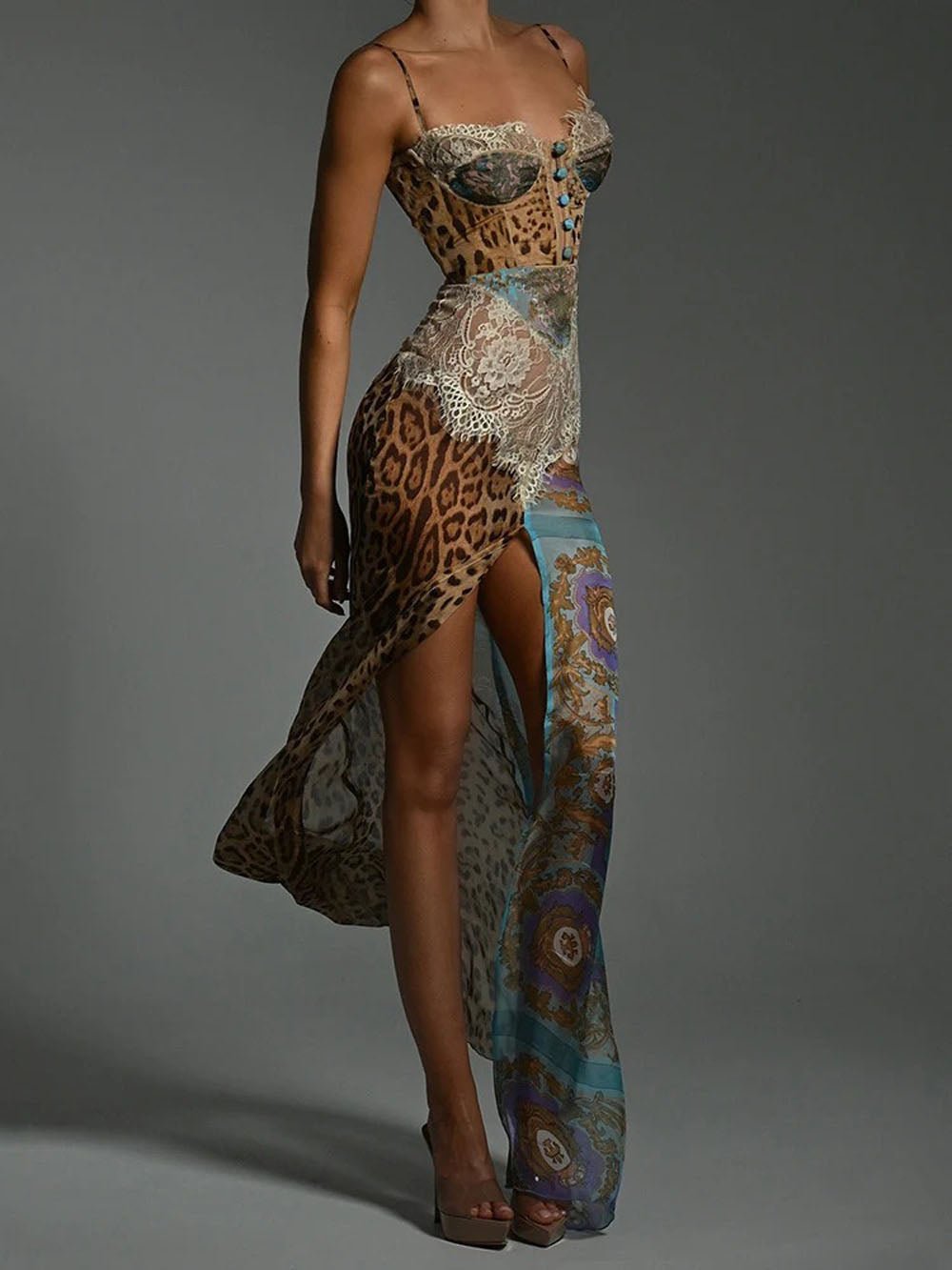Leopard Baroque Print Lace Trim Corset Bustier High Split Maxi Dress 6