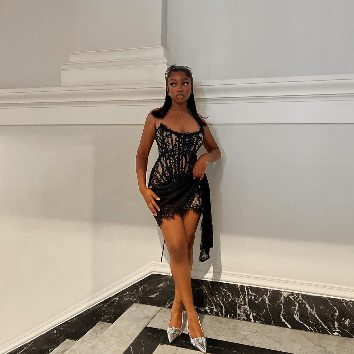 Strapless Sweetheart Lace Corset Draped Bodycon Mini Dress