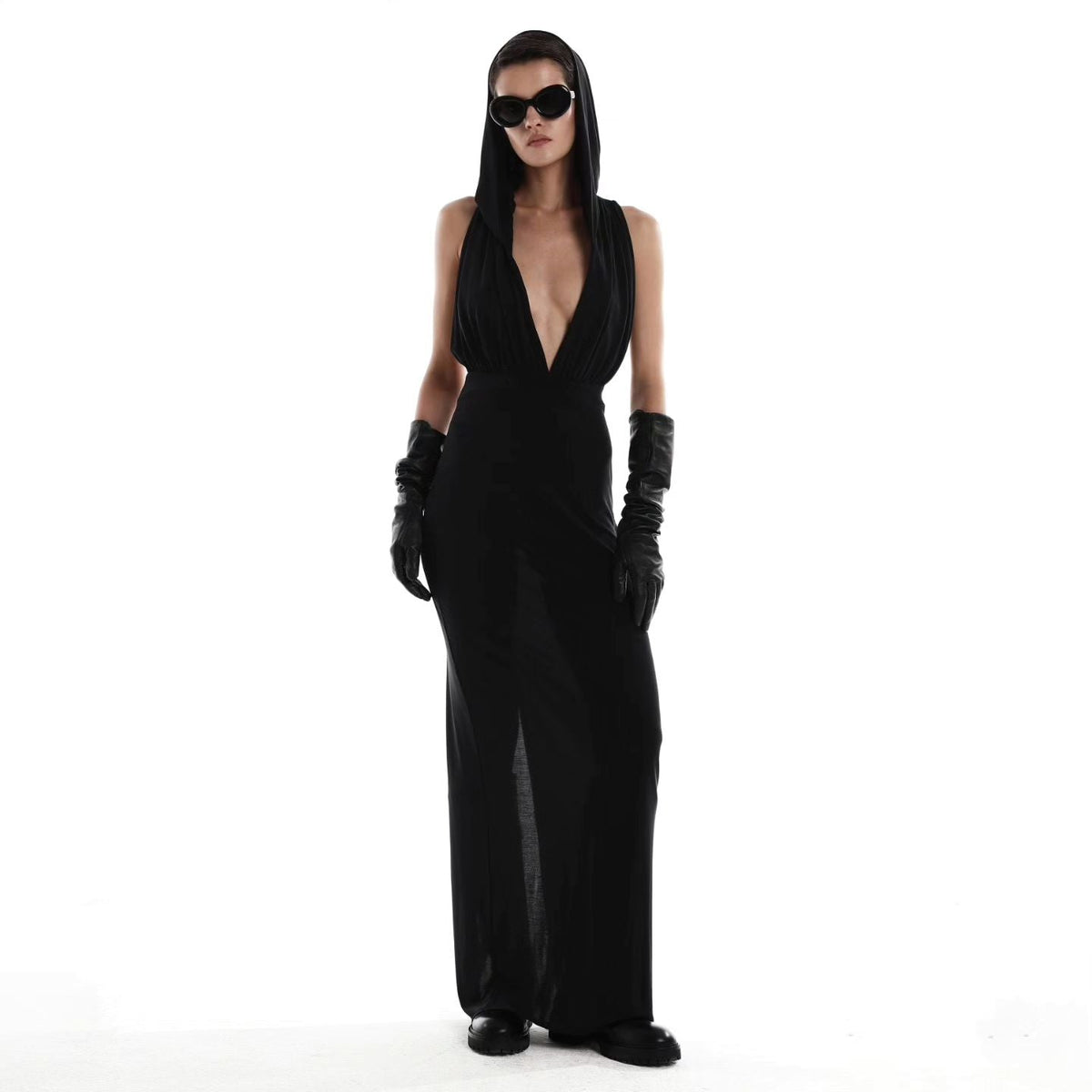 Black Hooded Open Back Sleeveless Bodycon Maxi Dress 11