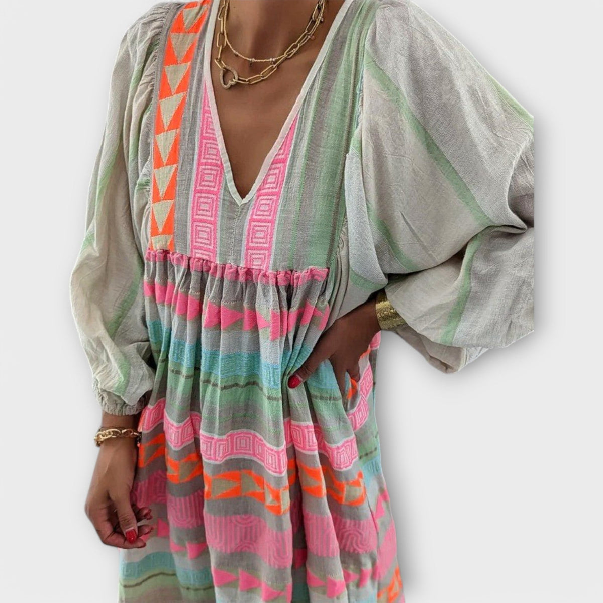 Multi Colored V-Neck Aztec Embroidered Long Sleeve Flowy Boho Maxi Dress