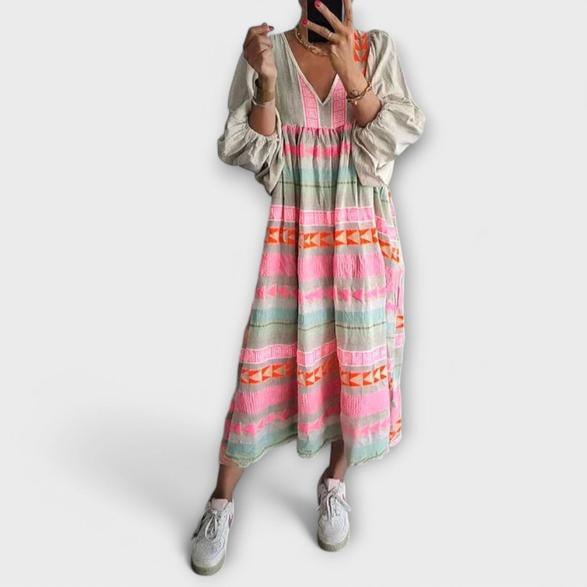 Multi Colored V-Neck Aztec Embroidered Long Sleeve Tiered Boho Maxi Dress