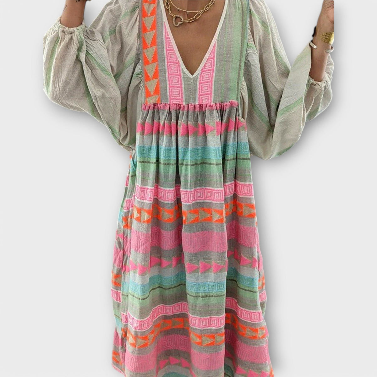 Multi Colored V-Neck Aztec Embroidered Long Sleeve Tiered Boho Maxi Dress