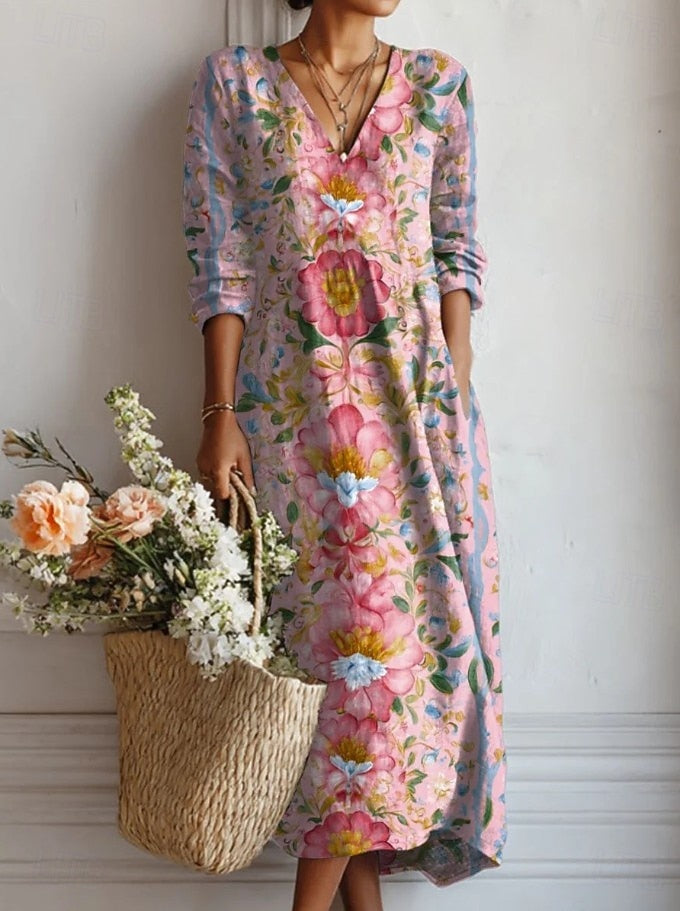Dress V-Neck Watercolor Floral Print Long Sleeve Linen A-Line Maxi Dress