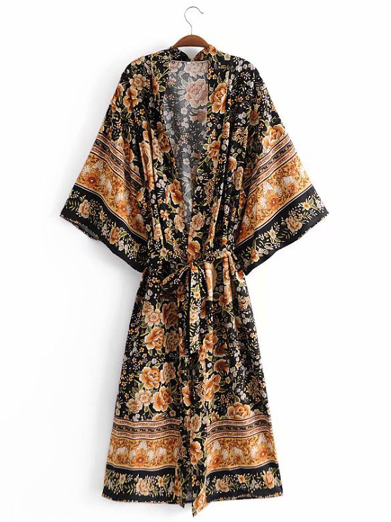 Black Baroque Floral Print Border Trim Belted Wide Sleeve Long Kimono