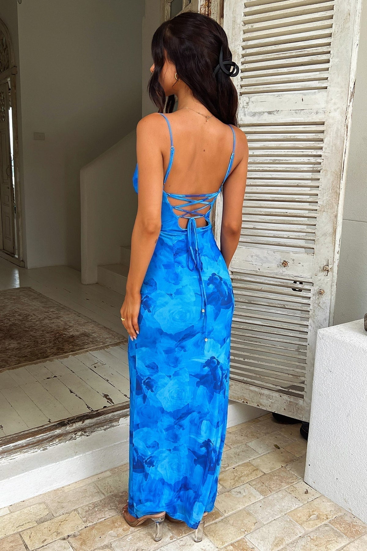 Cowl Neck Spaghetti Strap Floral Mesh Ruched Bodycon Maxi Dress 6