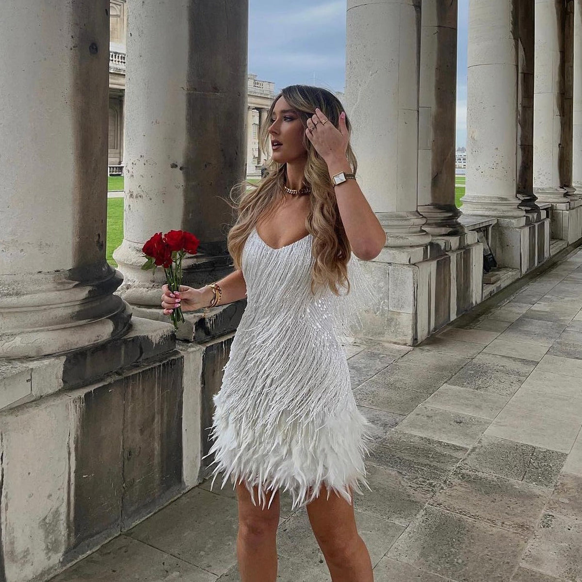Spaghetti Strap Tiered Fringe Feather Hem Bodycon Mini Dress